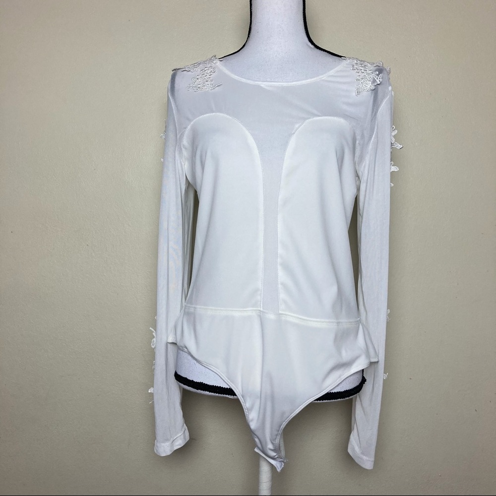 Cleo Semi Sheer Mesh Ivory Appliqué Body Suit